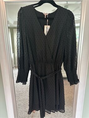 Esqualo Black Swiss Dot Long Sleeve Wrap Dress